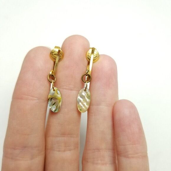 Vintage Littler Mother Of Pearl Disc Dangle Clip On Earrings, Retro Estate - Picture 5 of 5